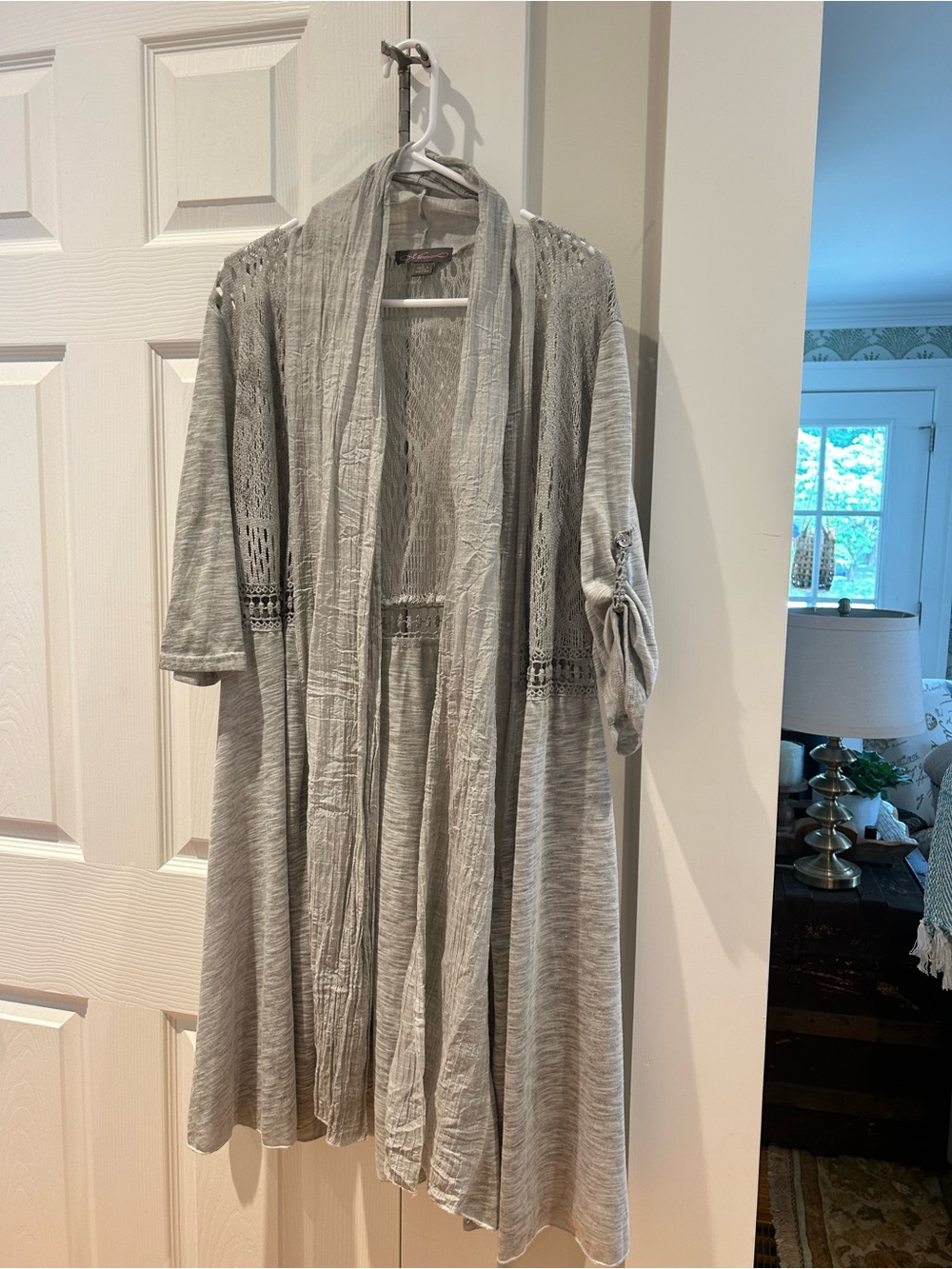 Light Gray Open-Knit Fringe Kimono Cover